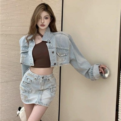 韩版牛仔短版外套+高腰包臀半身裙套装